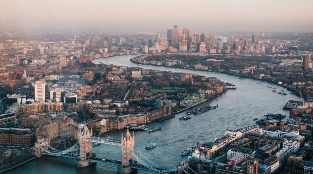 Aerial view of London skyline and Thames River