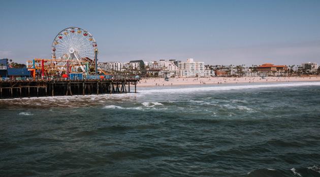 View from the ocean of rollercoaster on the Santa Monica Pier