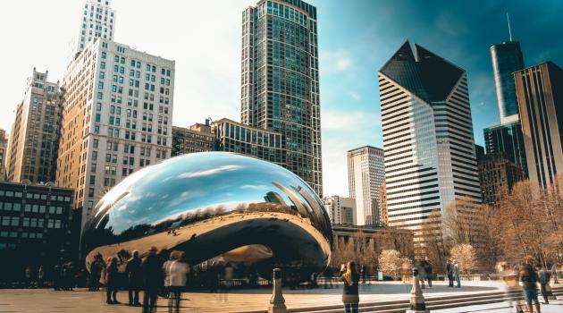 View of Cloudgate Seven (the 'Bean') against the Chicago skyline