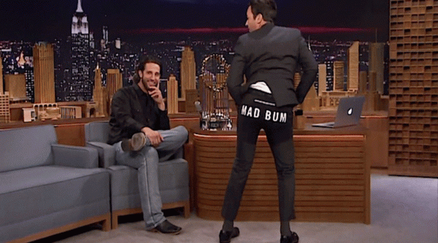 Jimmy Fallon showing off "Mad Bum" Jockey underwear