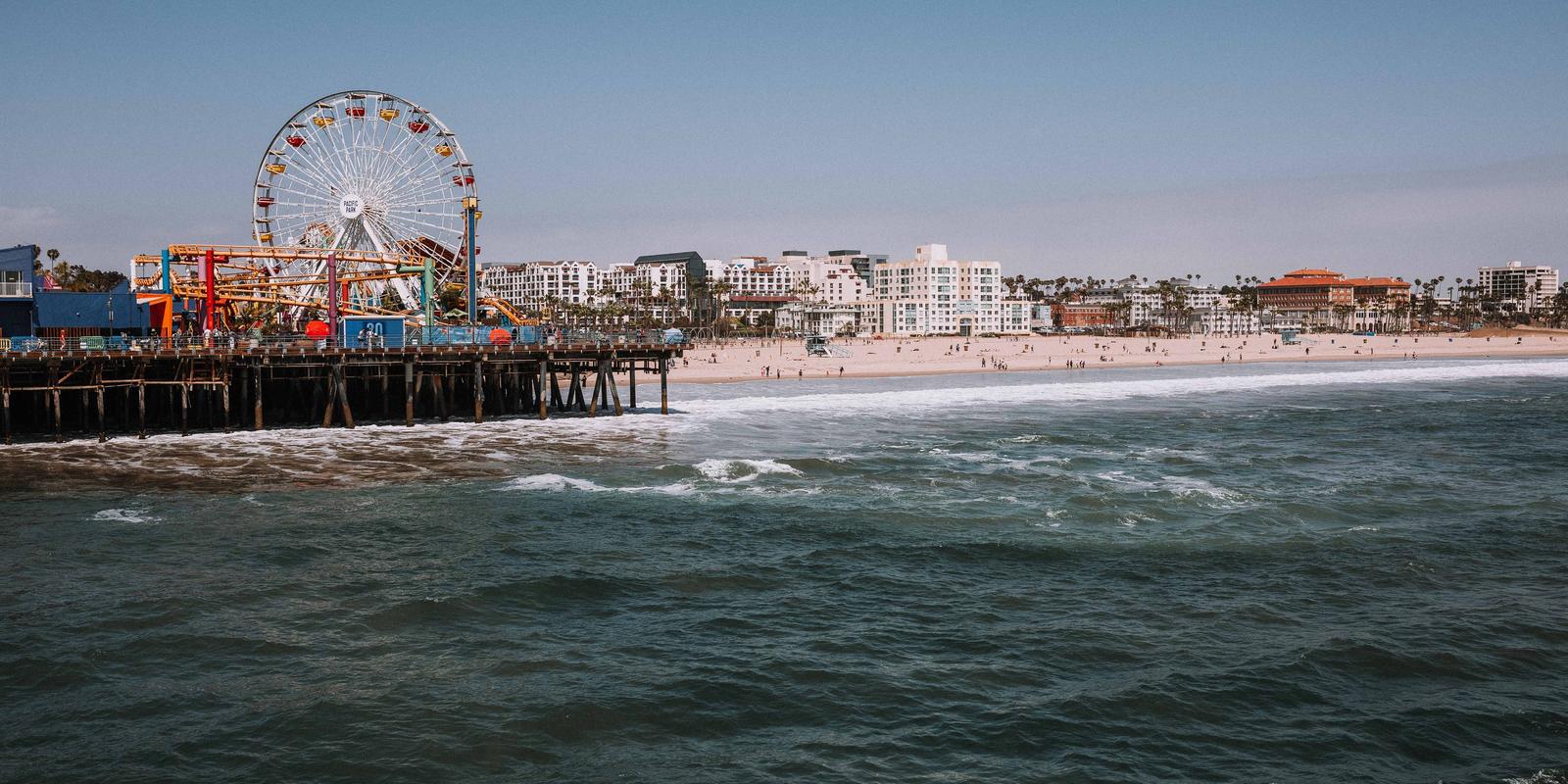 View from the ocean of rollercoaster on the Santa Monica Pier