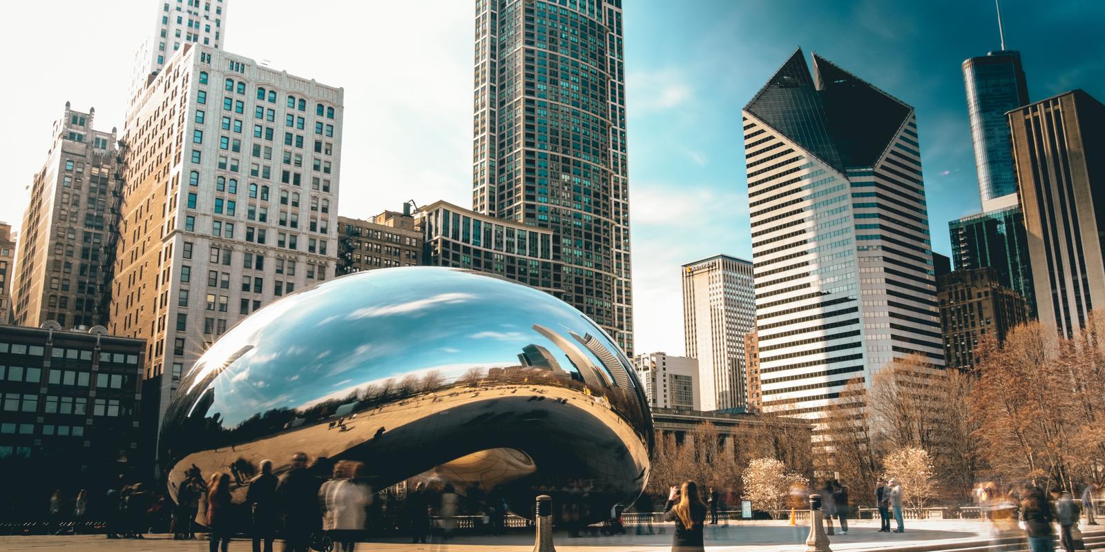 View of Cloudgate Seven (the 'Bean') against the Chicago skyline